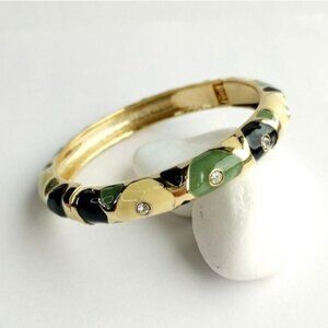 NEW Bamboo inspired green and cream enamel with crystals gold bangle bracelet
